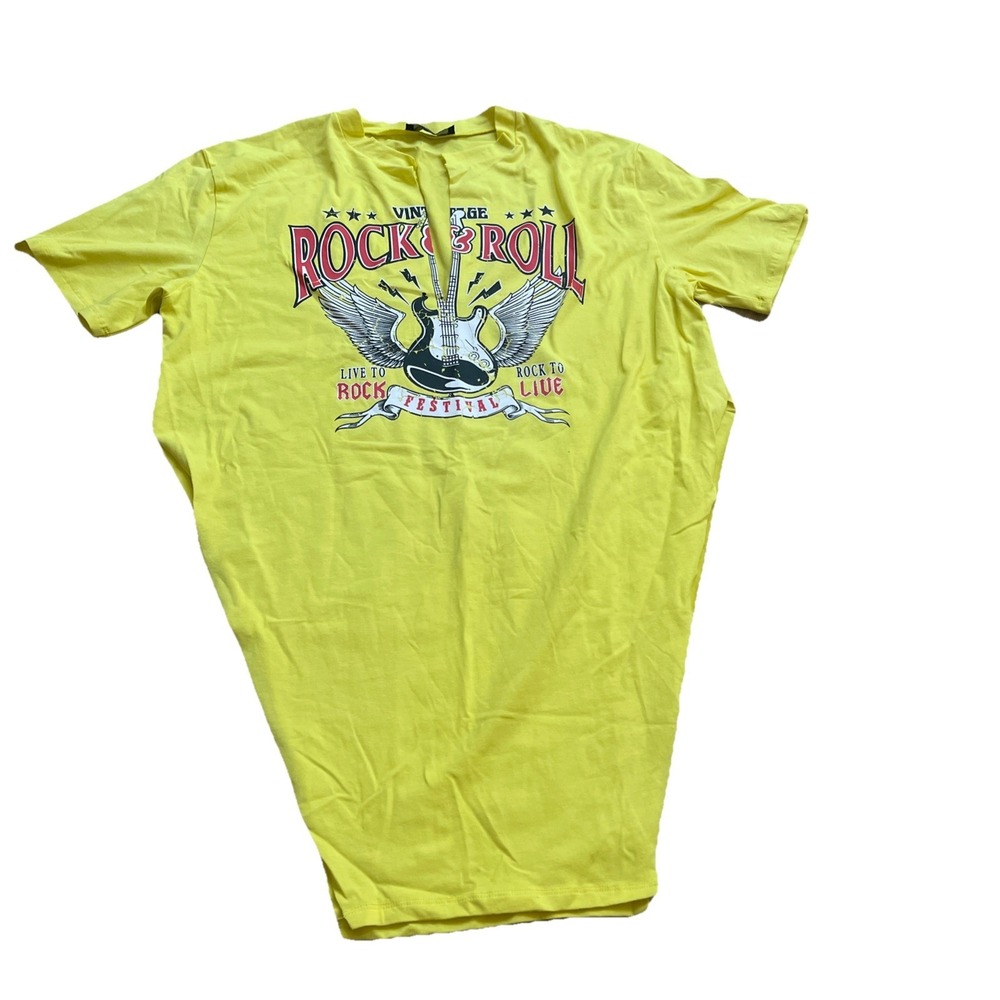 Vintage Women's T Shirt  With Rock&Roll Guitar Size 1X  Yellow‎ Festival New